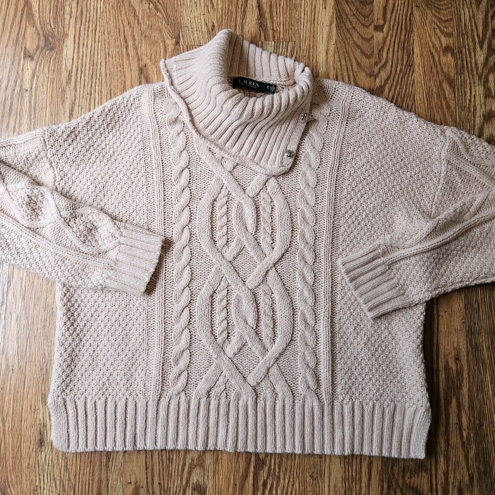 Ralph Lauren Sweater XL Dusty Rose Pink Cable Shawl Collar Button Classy Chic - Picture 2 of 10